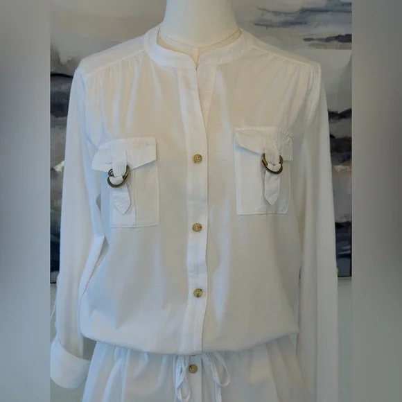 Michael Kors White Cotton Utility Shirt with Gold MK Hardware & Drawstring Waist - Picture 3 of 16